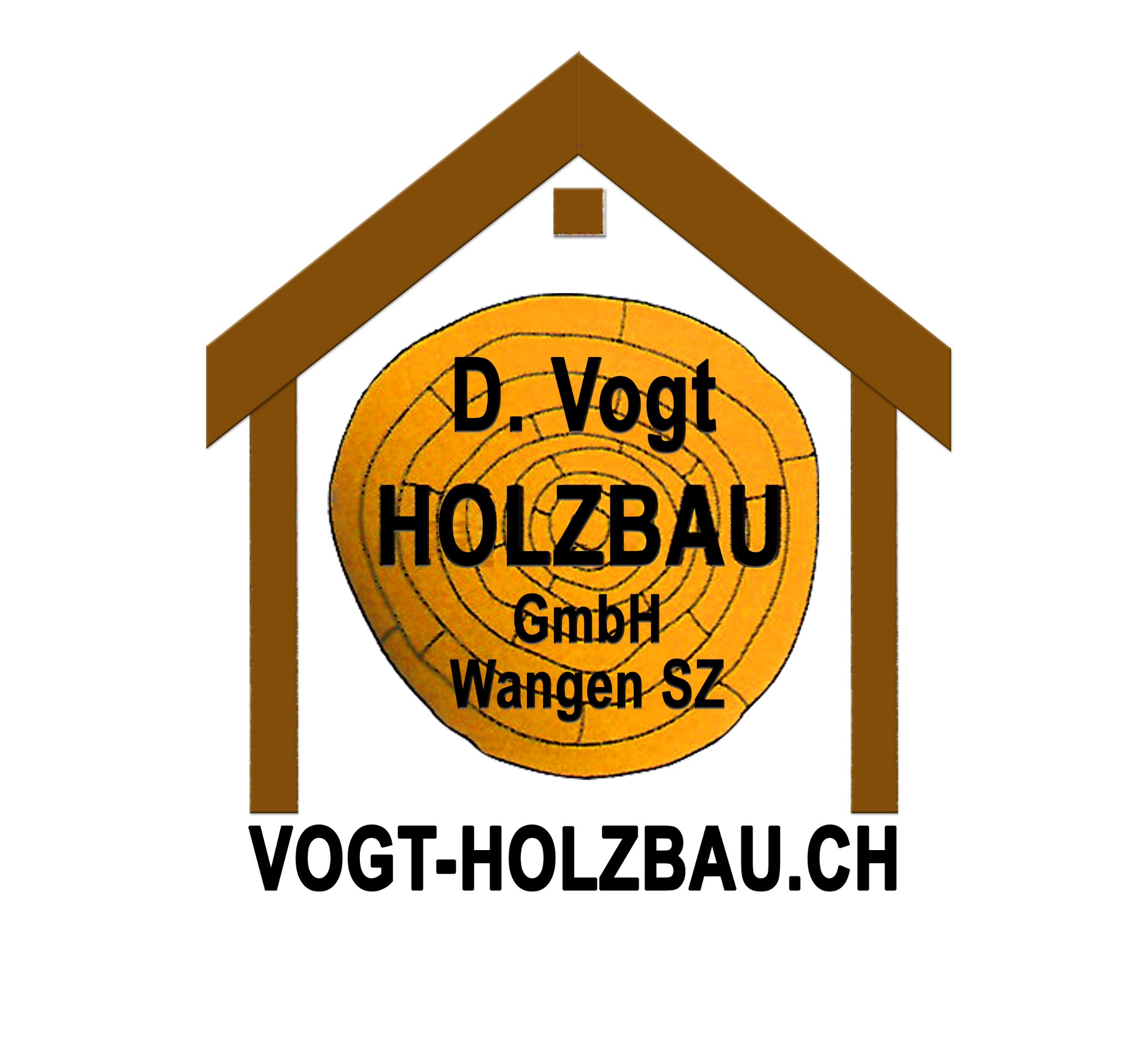 Logo der D. Vogt Holzbau GmbH mit Haus, Holzscheibe und VOGT-HOLZBAU.CH
