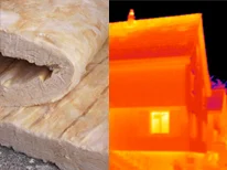 Isolationsmaterial und Wärmebild eines Hauses