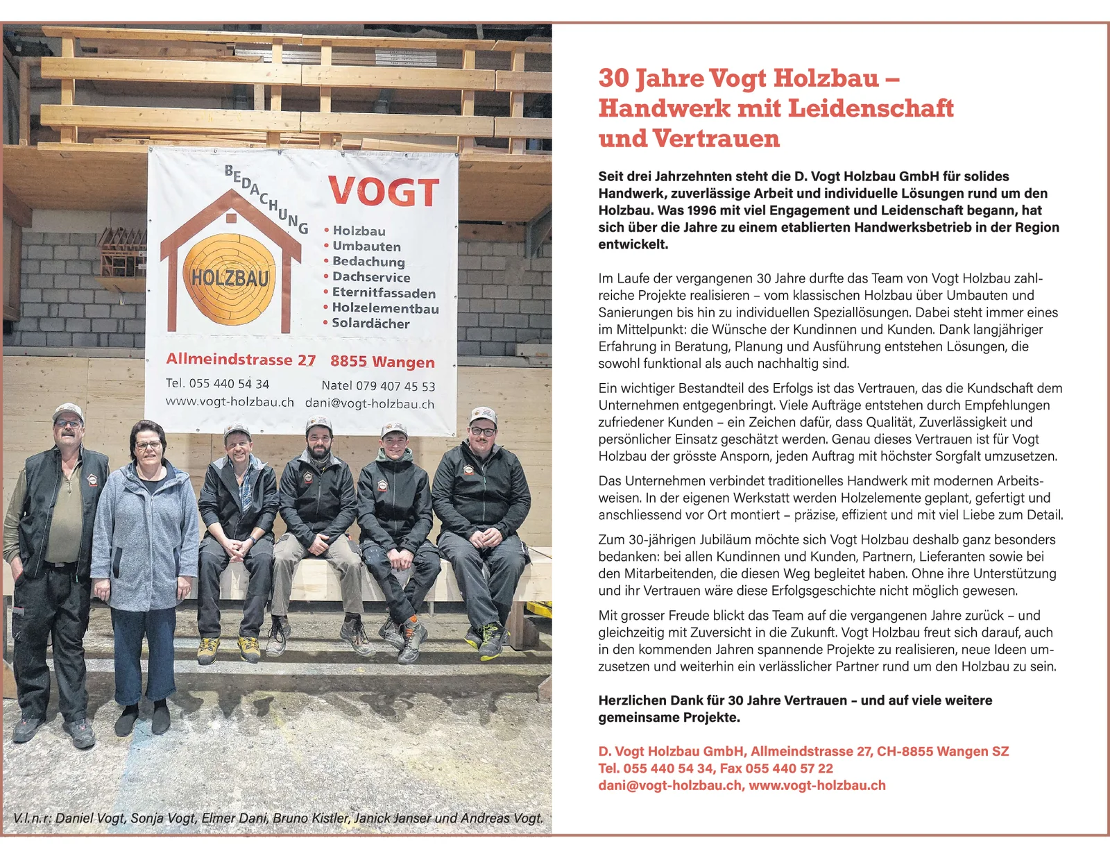 Zeitungsartikel im March Anzeiger vom 01.04.2026: 30 Jahre Vogt Holzbau – Handwerk mit Leidenschaft und Vertrauen