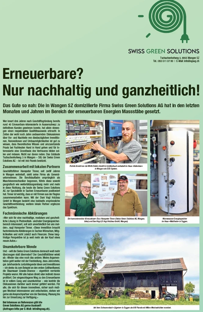 Zeitungsartikel March Anzeiger: Erneuerbare? Nur nachhaltig und ganzheitlich! – Swiss Green Solutions AG und D. Vogt Holzbau